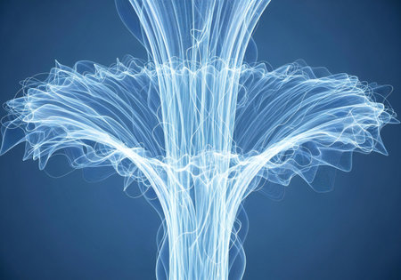 Energetic blue light trails swirl and expand outwards from a central point, resembling a dynamic fountain or blooming flower.の素材