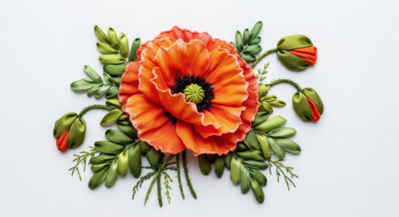An exquisite ribbon embroidery of a vibrant red poppy flower with delicate green leaves and buds, presented elegantly on a clean, plain surface, showcasing detailed artistry and natural beauty.の素材