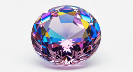 A captivating, multi-faceted gemstone exhibits a dazzling spectrum of iridescent colors, intricately cut and polished to refract light, creating a mesmerizing visual display. This luxurious jewel sits isolated, showcasing its brilliance.の素材