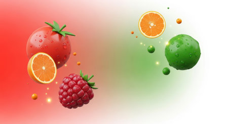 A vibrant composition of fresh fruits and berries with citrus slices and water splashes, presented for healthy eating and visual appeal on a soft gradient.の素材
