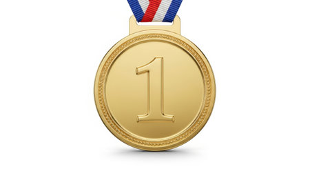 A close-up shot of a shiny gold medal, featuring the number '1' prominently, with a colorful ribbon. This symbolizes ultimate achievement and winning.の素材