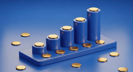 A 3D abstract illustration depicting stacked blue cylinders of increasing height, symbolizing progress and growth, scattered with small circular elements on a clean backdrop.の素材