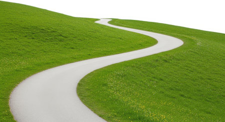 A gently curving pathway meanders across a lush green grassy hillside under a clear sky, inviting exploration and movement towards the distant horizon.の素材