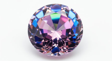 A captivating oval-cut gemstone displays a dazzling spectrum of iridescent colors, from soft pinks and blues to deep purples and greens, all sharply defined against a clean, minimalist setting.の素材