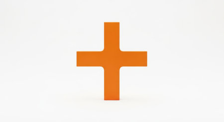 A simple, bold orange cross shape is centered, representing faith, religion, and spiritual symbolism against a clean, neutral backdrop. Ideal for concepts of belief and devotion.の素材