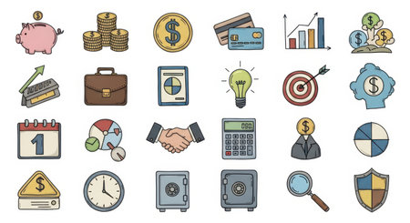 A collection of hand-drawn icons representing financial and business concepts, including money, investments, and success, presented clearly on a clean backdrop for easy integration into various projects and presentations.の素材