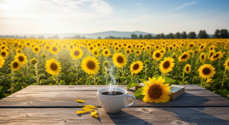 A breathtaking view of a vast sunflower field bathed in the warm glow of sunrise. A coffee cup sits on a rustic wooden table, inviting a moment of peaceful contemplation.の素材