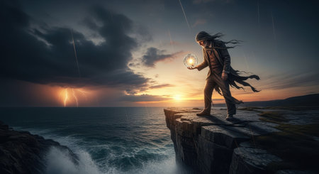 A lone adventurer stands on a cliff edge holding a glowing orb, overlooking a powerful waterfall under a dramatic, stormy sky, evoking a sense of mystery and epic exploration.の素材