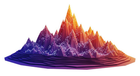 Abstract 3D visualization representing a complex data landscape with colorful peaks and valleys. This image evokes scientific exploration, data analysis, and intricate patterns.の素材