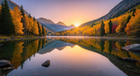A breathtaking vista of a mountain lake mirroring a vibrant autumn sunset. Towering trees ablaze with fall colors frame the scene, creating a tranquil and picturesque natural landscape.の素材