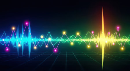 Experience the dynamic energy of a glowing neon sound wave pulsing with vibrant colors. Abstract digital art featuring light streaks and sparkling dots, perfect for music and technology themes.の素材