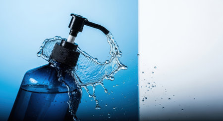A dynamic shot captures water being poured from a nozzle onto a dark, reflective surface. The splash creates mesmerizing patterns and droplets, highlighting the fluid motion and purity of water.の素材