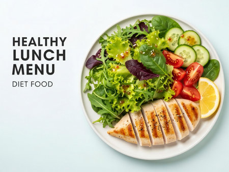 A plate of grilled chicken accompanied by a fresh salad with various vegetables and a lemon wedge.の素材