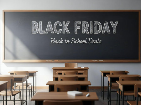 An empty classroom with a chalkboard displaying Black Friday back to school deals.の素材