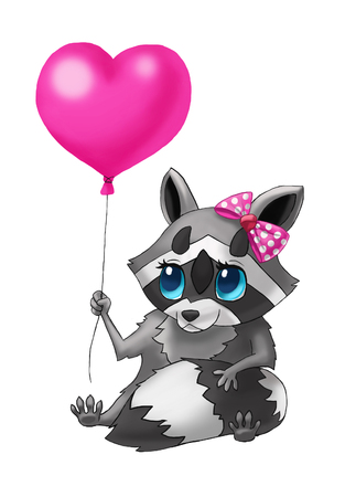 Little Raccoon with a love balloon and a bow on her headの写真素材
