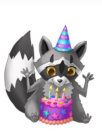 Raccoon with a birthday cake. Happy Birthday celebrationの写真素材