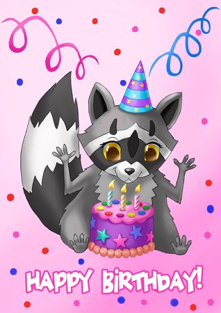 Happy Birthday Card. Raccoon with a cake.の写真素材
