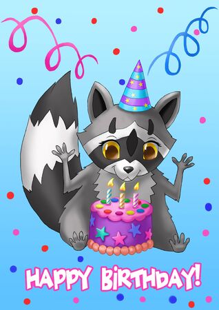 Happy Birthday Card. Raccoon with a cake.の写真素材