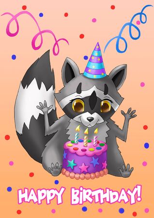 Happy Birthday Card. Raccoon with a cake.の写真素材