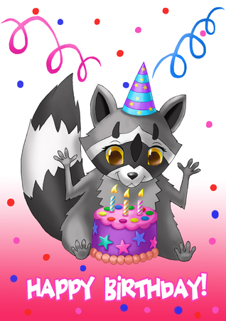 Happy Birthday Card. Raccoon with a cake.の写真素材