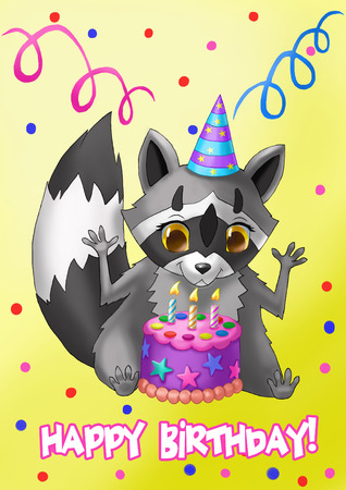 Happy Birthday Card. Raccoon with a cake.の写真素材