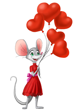 Mouse girl with a balloons in a red dress, Valentine's dayの写真素材