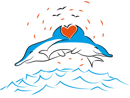illustration of dolphins and love Two dolphins with one heart in the oceanのイラスト素材