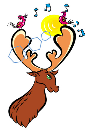 Birds in love on the deer. Two very beautiful pink and green birds in love.のイラスト素材