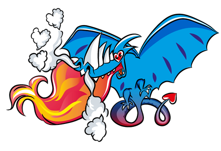 Cartoon dragon fell in love. Illustration of a flying dragon. Dragon shape of heart symbol.のイラスト素材