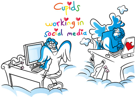 Cupids working in social media illustration.のイラスト素材