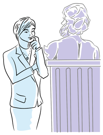 Woman standing in art gallery. Young woman standing in an art gallery looking to roman sculpture.のイラスト素材