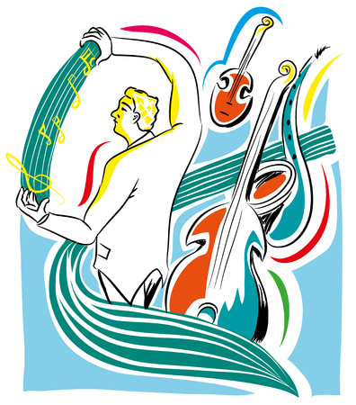 Musical director and music instruments orchestral conductor and musical notation.のイラスト素材