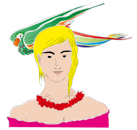 Girl and parrot. Parrot on the girl head. Isolated on white background.のイラスト素材