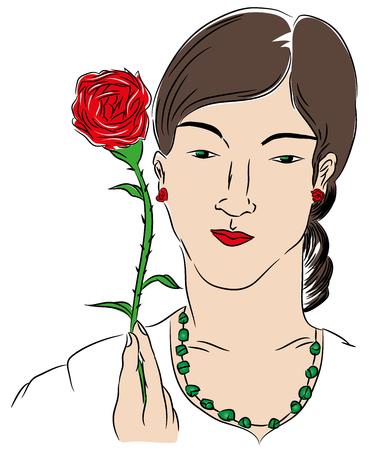 Woman and rose. Woman holding a red rose. Isolated on white background.のイラスト素材