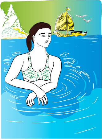 Girl in the sea. Beautiful girl in the sea.のイラスト素材