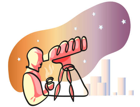 One line drawing of amateur astronomer. One continuous line drawing of telescope and astronomy concept.のイラスト素材