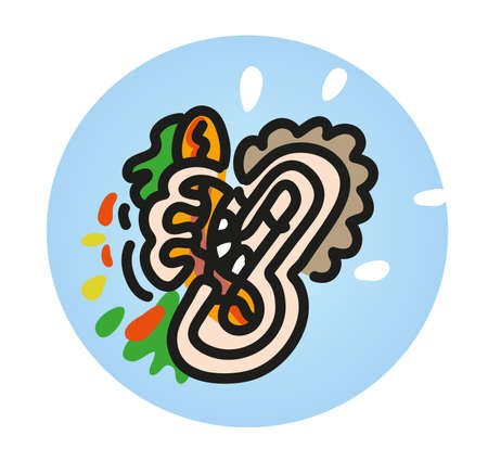 Cartoon style illustration of hungry man eating hot dog. Line drawing illustration of snack and junk food concept.のイラスト素材