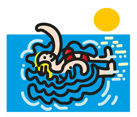 Cartoon style illustration of happy woman swims on her back. Line drawing illustration of young girl lies on her back.Holiday concept.のイラスト素材