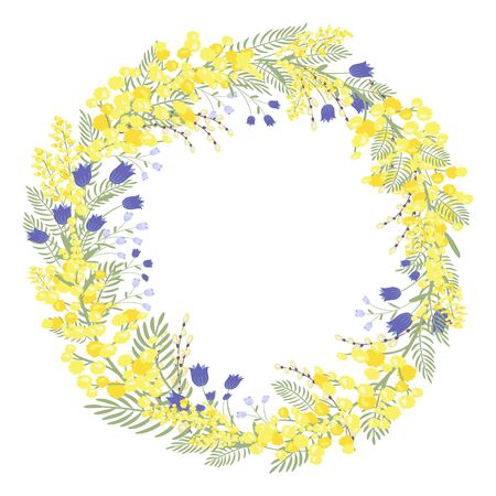 Floral vector wreath. Beautiful yellow, blue, lilac, green flowers and leaves, hand drawn illustration. Design for invitation, wedding, Easter, Mothers day, shower or new born greeting card.のイラスト素材