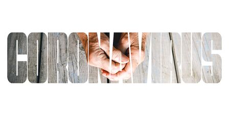 COVID-19 coronavirus. Fill text, old and young hands, red heart image cut, white background. Elderly people health. Compassion, dangerous, virus outbreak, stop sign, stay at home alertness.の写真素材