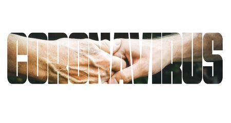 COVID-19 coronavirus. Fill text, old and young hands, red heart image cut, white background. Elderly...