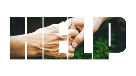 COVID-19 coronavirus. Fill text HELP with old, young hands, red heart image cut. Elderly people...