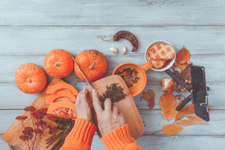 Pumpkin soup on blue wooden table, vintage. Woman hands, cooking process. Food blogger recording video with mobile phone on tripod, holding remote shutter. Thanksgiving, vegan. Flat lay, top view.の写真素材