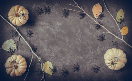 Halloween grunge black holiday background, pumpkins, black spiders, dry branches and orange leaves decorations. Autumn composition frame, party invitation card, flat lay, copy space.の写真素材