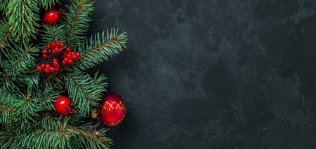 Christmas dark grunge horizontal background, top view. Fir twigs, red golden berries, baubles. Winter holidays, New Year decoration, pine tree branches, snow covered cones, flat lay, copy space.の写真素材