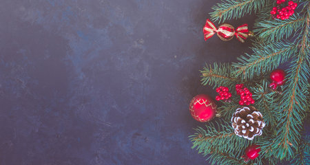 Christmas dark lilac grunge horizontal background, top view. Fir twigs, red golden berries, baubles. Winter holidays, New Year decoration, pine tree branches, snow covered cones, copy space.の写真素材
