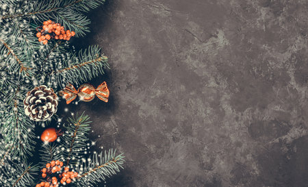 Christmas dark grunge horizontal background, top view. Fir twigs, red golden berries, baubles. Winter holidays, New Year decoration, pine tree branches, snow covered cones, flat lay, copy space.の写真素材