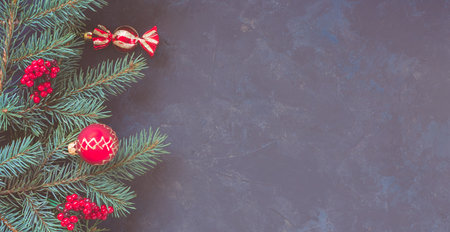 Christmas dark lilac grunge horizontal background, top view. Fir twigs, red golden berries, baubles. Winter holidays, New Year decoration, pine tree branches, snow covered cones, copy space.の写真素材