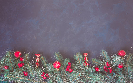 Christmas dark lilac grunge horizontal background, top view. Fir twigs, red golden berries, baubles. Winter holidays, New Year decoration, pine tree branches, snow covered cones, copy space.の写真素材