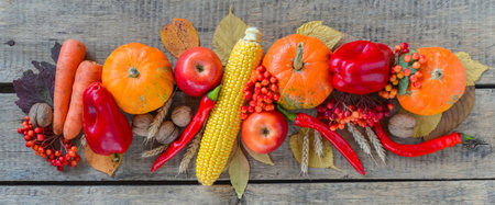 Autumn background set, fallen leaves, fruits, vegetables, wooden table. Seasonal horizontal set, aged vintage linen napkin, copy space. Thanksgiving food, healthy and fresh, top view, flat lay.の写真素材